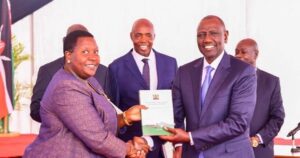 President William Ruto receiving a report from the member of the presidential working Party on education reforms which also captures changes in TSC powers. 1 august 2023